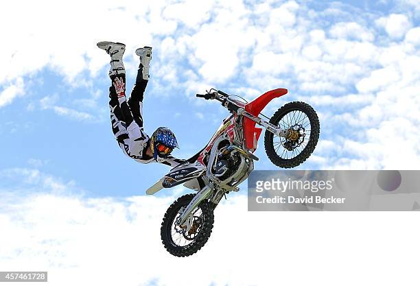 Freestyle rider James Carter performs during a qualifying round for the Dirt Shark Biggest Whip at the Monster Energy Cup at Sam Boyd Stadium on...