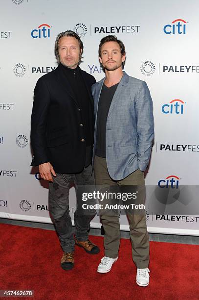 Actors Mads Mikkelsen and Hugh Dancy attend the 2nd annual Paleyfest New York presents: "Hannibal" at Paley Center For Media on October 18, 2014 in...