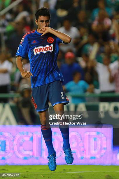 Nestor Vidrio of Chivas celebrates after scoring the first goal of his team during a match between Leon and Chivas as part of 13th round Apertura...