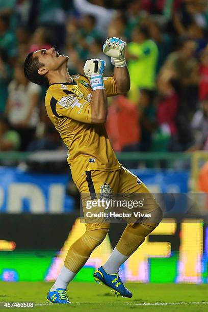 Christian Martinez of Leon celebrates the first goal of his team during a match between Leon and Chivas as part of 13th round Apertura 2014 Liga MX...