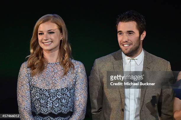 Actors Emily VanCamp and Joshua Bowman speak at the 24th Annual Environmental Media Awards presented by Toyota and Lexus at Warner Bros. Studio on...