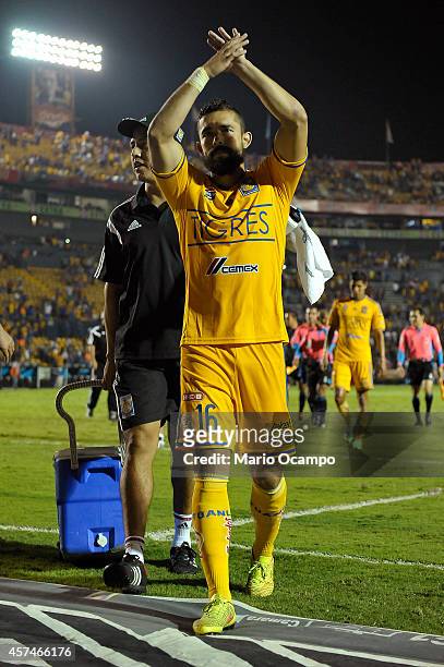 Hercules Gomez of Tigres gets off of the field at the end of a match between Tigres UANL and Cruz Azul as part of 13th round Apertura 2014 Liga MX at...