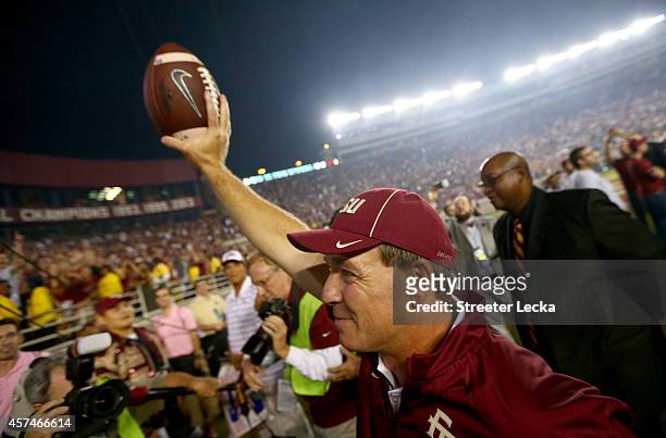 Head coach Jimbo Fisher of the Florida State Seminoles celebrates after defeating the Notre Dame Fighting Irish 31-27 at Doak Campbell Stadium on...