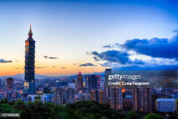 The Taipei city skyline at sunset the day before a typhoon arrives. Taipei 101, formerly the tallest building in the world at 508m, dominates the...