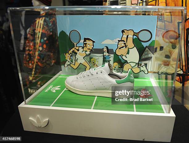 View of the Stan Smith x adidas Stan Smith American Dad sneaker at the American Dad Sneaker Launch at the Adidas Originals Store on October 18,...