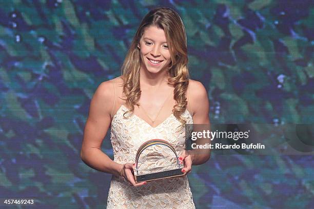 Izabella Chiappini receiving the prize of best Water Polo athlete during the Brazil Olympic Awards 2013 at Bradesco Theater on December 17, 2013 in...