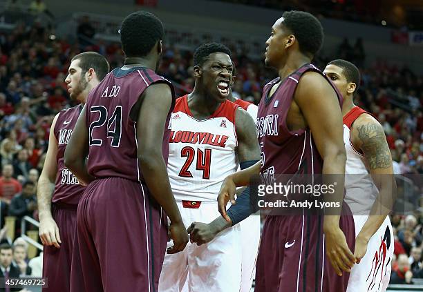 Montrezl Harrell of the Louisville Cardinals celebrates after a basket during the game against the Missouri State Bears at KFC YUM! Center on...