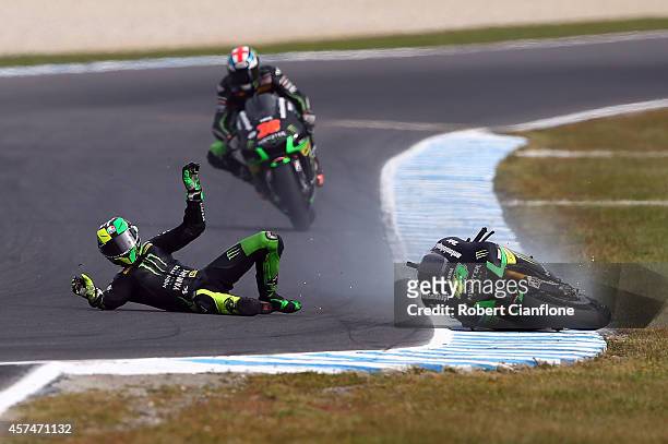 Pol Espargaro of Spain riding the Monster Yamaha Tech3 Yamaha crahses out during the 2014 MotoGP of Australia at Phillip Island Grand Prix Circuit on...