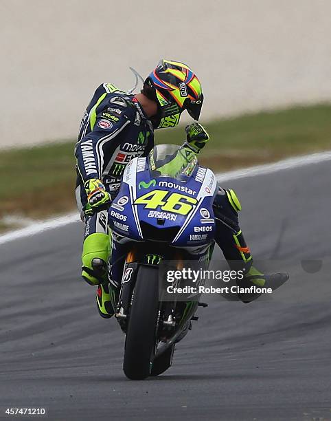 Valentino Rossi of Italy rider of the Movistar Yamaha MotoGp Yamaha celebrates after winning the 2014 MotoGP of Australia at Phillip Island Grand...