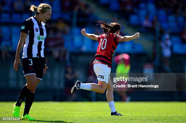 Michelle Carney of the Wanderers celebrates scoring a goal during the round six W-League match between the Western Sydney Wanderers and the Newcastle...