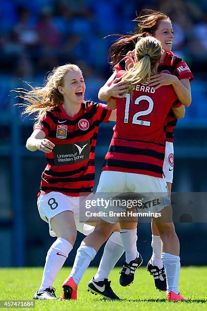 Michelle Carney of the Wanderers celebrates scoring a goal with team mates during the round six W-League match between the Western Sydney Wanderers...