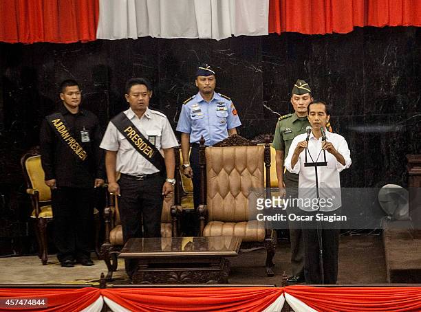 Indonesian President-elect Joko Widodo takes part in a inauguration rehearsal on October 19, 2014 in Jakarta, Indonesia. Joko Widodo will be...