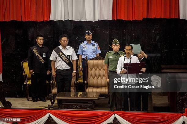 Indonesian President-elect Joko Widodo takes part in a inauguration rehearsal on October 19, 2014 in Jakarta, Indonesia. Joko Widodo will be...