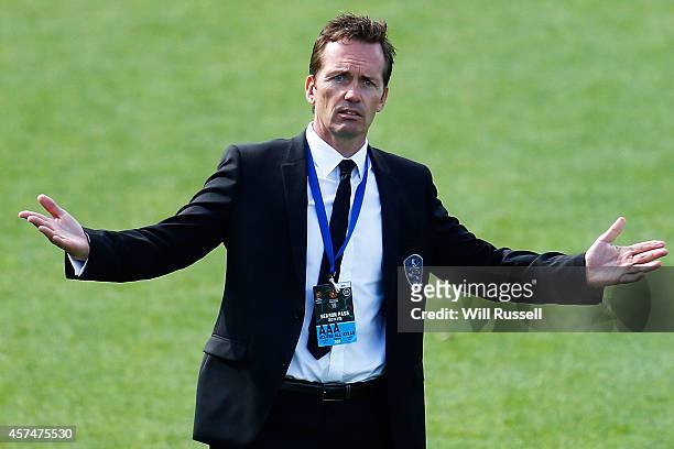 Mike Mulvey, coach of the Roar during the round two A-League match between the Perth Glory and Brisbane Roar at nib Stadium on October 19, 2014 in...