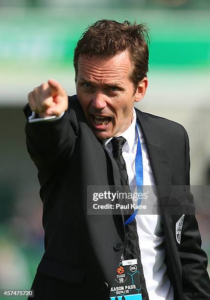 Mike Mulvey coach of the Roar shouts to his players during the round two A-League match between the Perth Glory and Brisbane Roar at nib Stadium on...