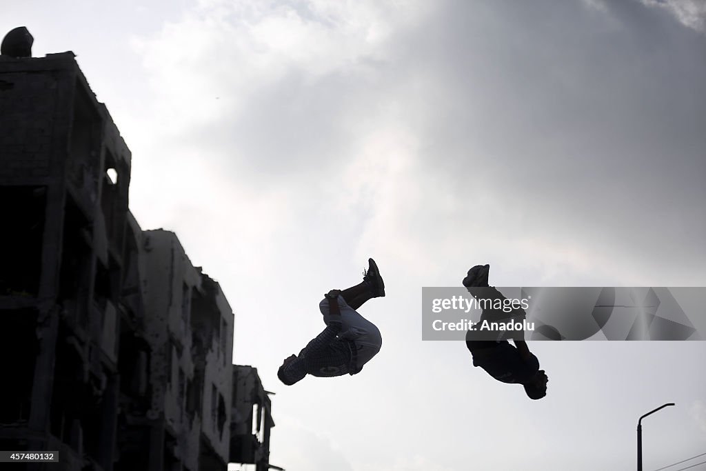 Palestinian youth perform Parkour in Gaza