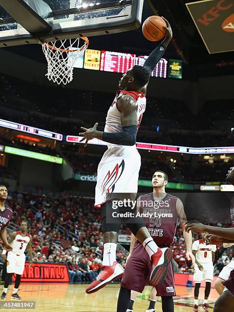 Montrezl Harrell of the Louisville Cardinals dunks the ball during the game against the Missouri State Bears at KFC YUM! Center on December 17, 2013...