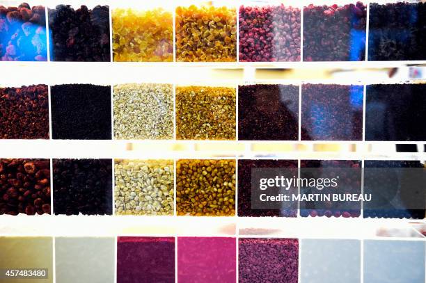 Seeds are displayed at the SIAL , on October 19, 2014 in Villepinte, north-east of Paris. AFP PHOTO MARTIN BUREAU