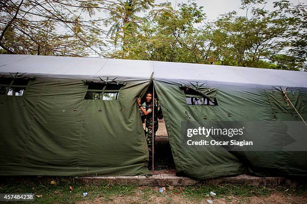 The Indonesian army are co-ordinated around the National Monument as they prepare for the inaguration of Indonesia President Joko Widodo on October...