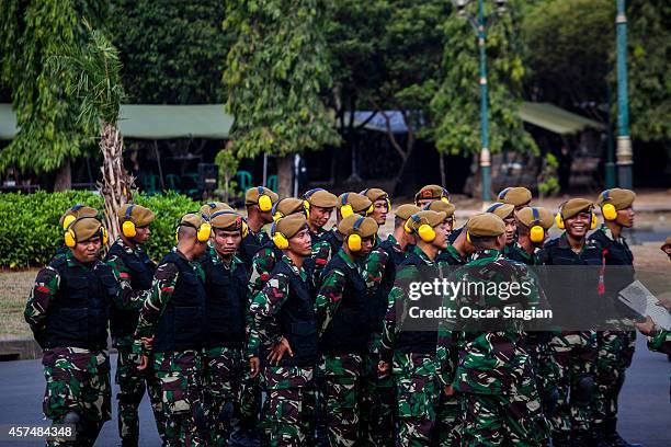 Indonesian army are co-ordinated around the National Monument as they prepare for the inaguration of Indonesia President Joko Widodo on October 19,...