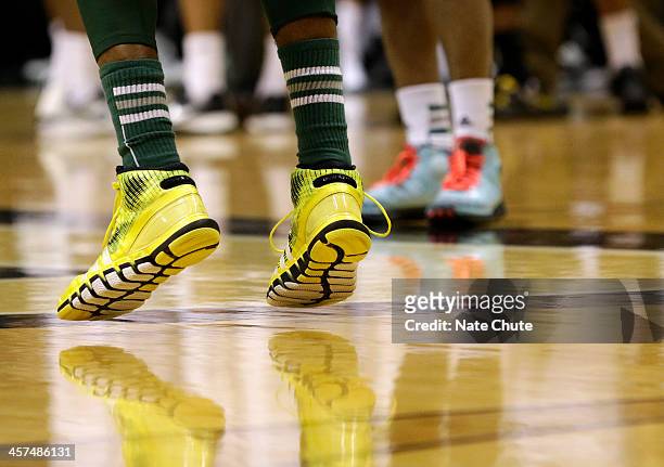 General view of player's shoes prior to a game between the Purdue Boilermakers and the Eastern Michigan Eagles on December 7, 2013 at Mackey Arena in...
