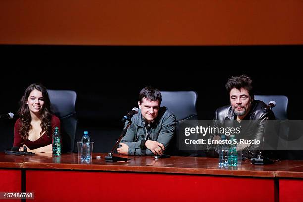 Claudia Traisac, Josh Hutcherson and Benicio Del Toro attend the 'Escobar: Paradise Lost' Press Conference during the 9th Rome Film Festival on...