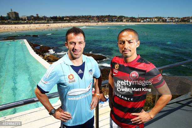 Alessandro Del Piero of Sydney FC and Shinji Ono of the Western Sydney Wanderers pose during the launch of the A-League's Summer of Football at Bondi...