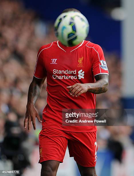 Glen Johnson of Liveprool hidden by a Premier League match ball during the Barclays Premier Leauge match between Queens Park Rangers and Liverpool at...