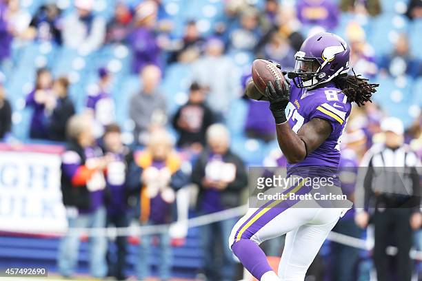 MarQueis Gray of the Minnesota Vikings catches a ball during warmups before the first half against the Buffalo Bills at Ralph Wilson Stadium on...