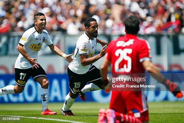 Jean Beausejour of Colo-Colo celebrates after scoring the second goal against U de Chile during a match between Colo-Colo and U de Chile as a part of...