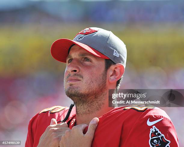 Quarterback Dan Orlovsky of the Tampa Bay Buccaneers watches play against the Buffalo Bills December 8, 2013 at Raymond James Stadium in Tampa,...
