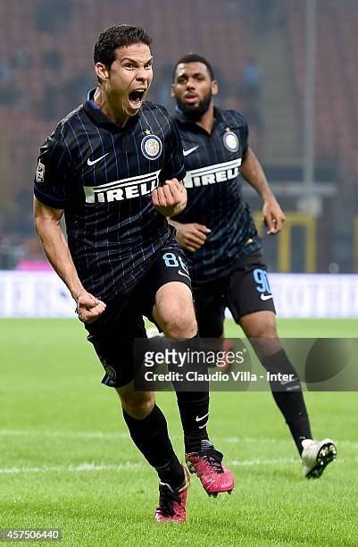 Hernanes of FC Internazionale Milano celebrates after scoring the second goal during the Serie A match between FC Internazionale Milano and SSC...