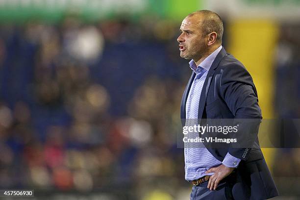 Coach Eric Hellemons of NAC Breda during the Dutch Eredivisie match between NAC Breda and ADO Den Haag at Rat Verlegh stadium on October 18, 2014 in...