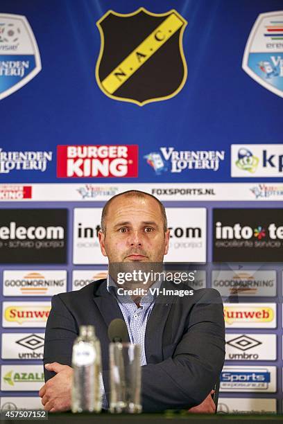 Coach Eric Hellemons of NAC Breda during the Dutch Eredivisie match between NAC Breda and ADO Den Haag at Rat Verlegh stadium on October 18, 2014 in...