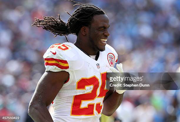 Running back Jamaal Charles of the Kansas City Chiefs celebrates after scoring on a 16 yard touchdown run against the San Diego Chargers in the...