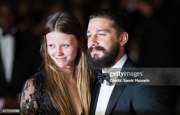 Shia LaBeouf and Mia Goth attend the closing night Gala screening of "Fury" during the 58th BFI London Film Festival at Odeon Leicester Square on...