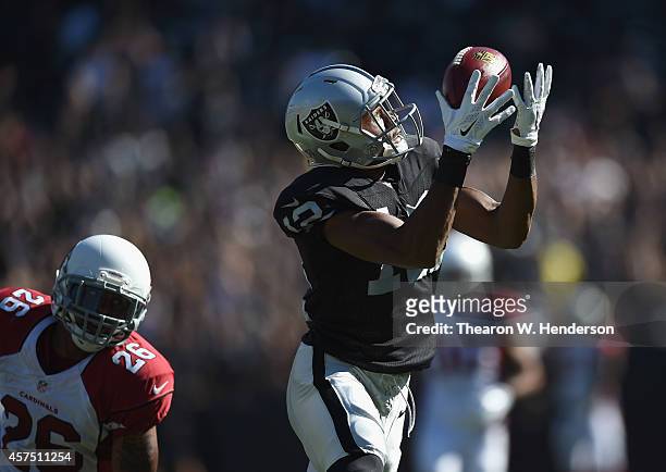 Brice Butler of the Oakland Raiders pulls in a 55-yard pass reception in the first half against the Arizona Cardinals at O.co Coliseum on October 19,...