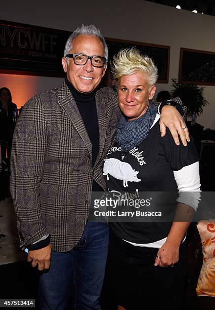 Chefs Geoffrey Zakarian and Anne Burrell pose backstage at the Grand Tasting presented by ShopRite featuring KitchenAid® culinary demonstrations...