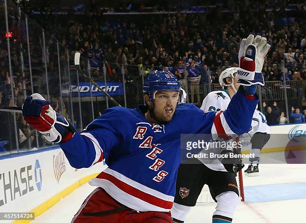 Rick Nash of the New York Rangers celebrates his goal at 19:20 of the second period against the San Jose Sharks at Madison Square Garden on October...