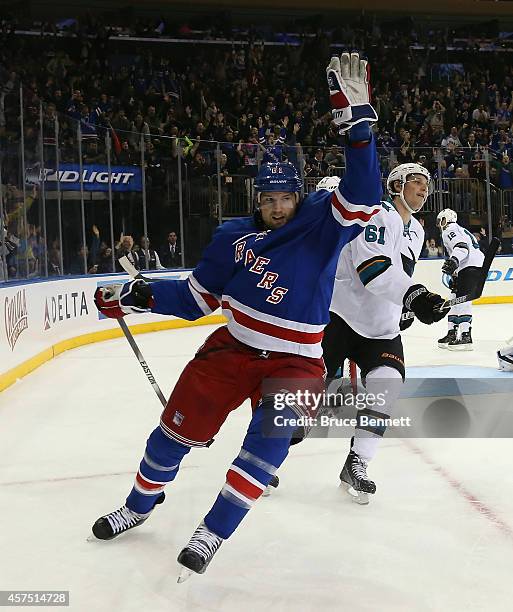 Rick Nash of the New York Rangers celebrates his goal at 19:20 of the second period against the San Jose Sharks at Madison Square Garden on October...