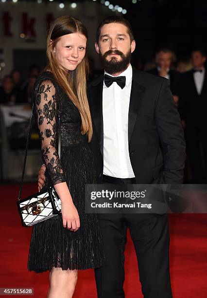 Mia Goth and Shia LaBeouf attend the closing night Gala screening of "Fury" during the 58th BFI London Film Festival at Odeon Leicester Square on...