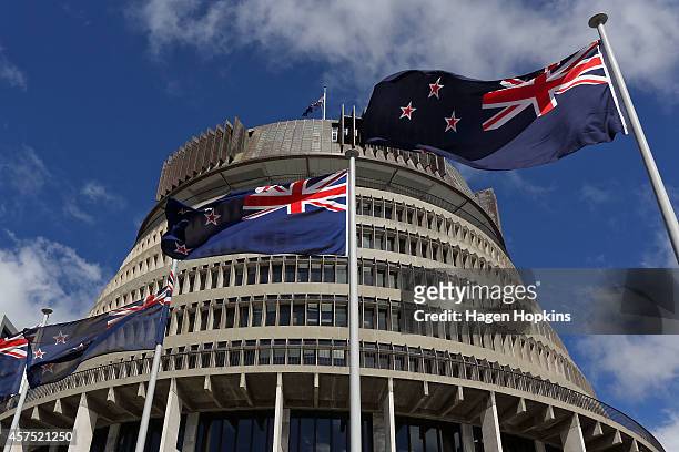 New Zealand flags fly in front of The Beehive during the Commission Opening of Parliament at Parliament on October 20, 2014 in Wellington, New...