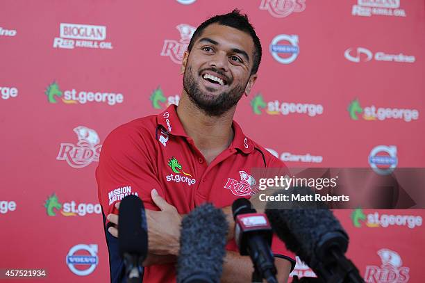 Karmichael Hunt speaks to media during a Queensland Reds Super Rugby media opportunity at Ballymore Stadium on October 20, 2014 in Brisbane,...