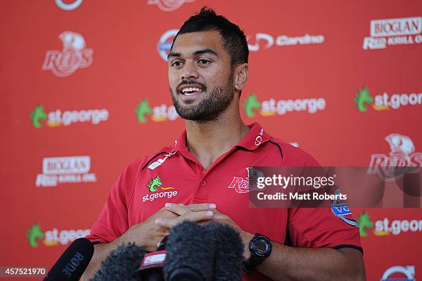 Karmichael Hunt speaks to media during a Queensland Reds Super Rugby media opportunity at Ballymore Stadium on October 20, 2014 in Brisbane,...