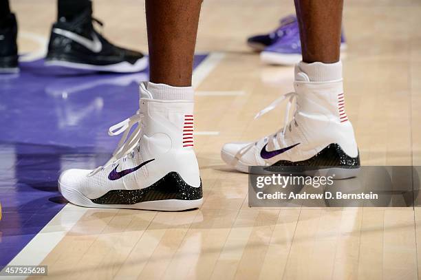 Kobe Bryant of the Los Angeles Lakers wears his Nike Kobe 9 shoes during a game against the Utah Jazz at STAPLES Center on October 19, 2014 in Los...