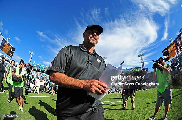Head Coach Gus Bradley of the Jacksonville Jaguars leaves the field after the game against the Cleveland Browns at EverBank Field on October 19, 2014...