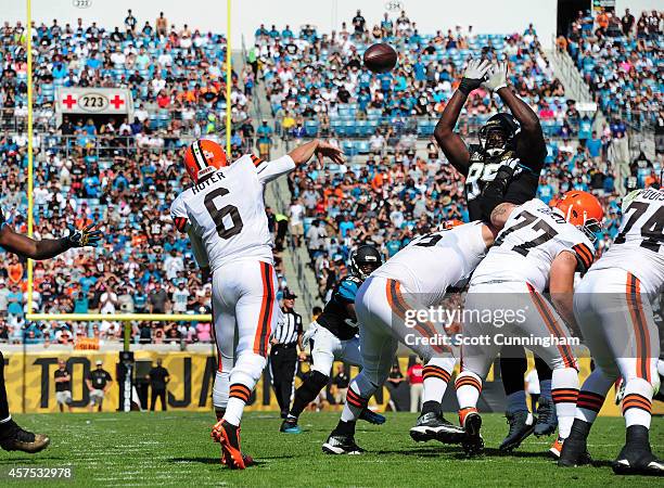 Sen'Derrick Marks of the Jacksonville Jaguars bats down a pass by Brian Hoyer of the Cleveland Browns at EverBank Field on October 19, 2014 in...
