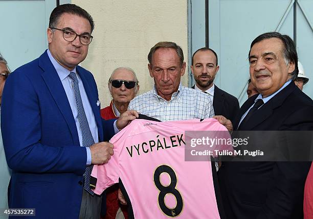 Andrea Cardinaletti, CEO of US Citta di Palermo, Zdenek Zeman, and Leoluca Orlando Mayor of Palermo, attend the Cestmir Vycpalek remember ceremony at...