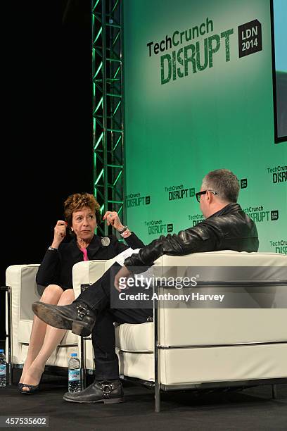 Neelie Kroes, Vice President of the European Commission, and TechCrunch Moderator Mike Butcher on stage during the 2014 TechCrunch Disrupt...