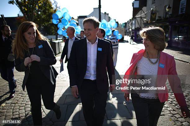 Prospective Conservative party candidates Anna Firth and Kelly Tolhurst walk with party Chairman Grant Shapps as they campaign together on October...